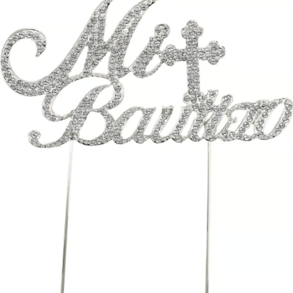 Silver Metal Mi Bautizo Rhinestone Cake Topper Religious Party Decoration